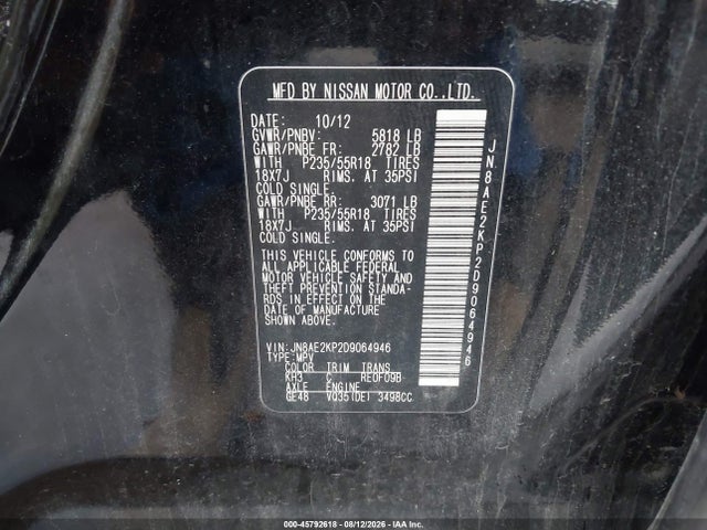 Aukcja sprzedaży 2013 Nissan Quest Le, vin: JN8AE2KP2D9064946, numer aukcji: 45792618