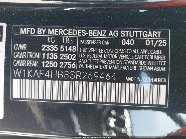 Продаж на аукціоні авто 2025 Mercedes-benz C 300, vin: W1KAF4HB8SR269464, номер лоту: 45792620