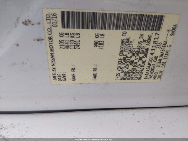 2016 Nissan Maxima 3.5 Sv მანქანა იყიდება აუქციონზე, vin: 1N4AA6AP1GC431817, აუქციონის ნომერი: 45792635