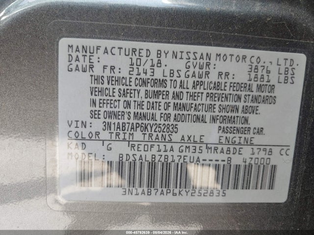 Aukcja sprzedaży 2019 Nissan Sentra S, vin: 3N1AB7AP6KY252835, numer aukcji: 45792639