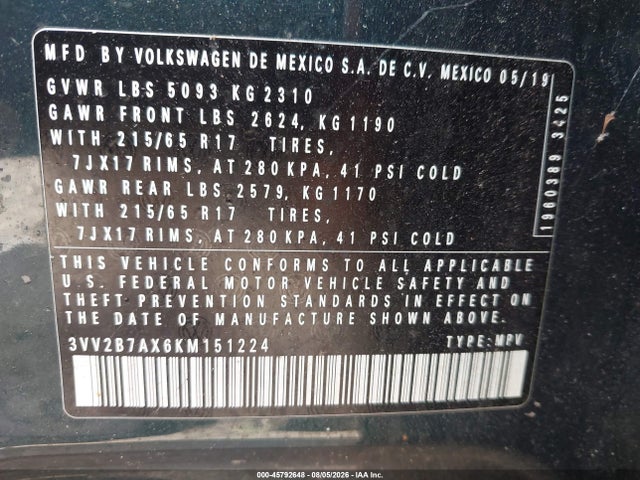 3VV2B7AX6KM151224 Volkswagen Tiguan 2.0t Se/2.0t Sel/2.0t Sel R-line/2.0t Sel R-line Black
