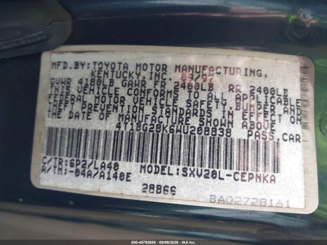 Продаж на аукціоні авто 1998 Toyota Camry Le, vin: 4T1BG28K6WU208838, номер лоту: 45792655