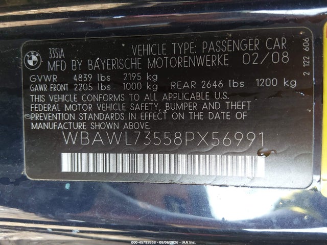 Продаж на аукціоні авто 2008 Bmw 335 I, vin: WBAWL73558PX56991, номер лоту: 45792658