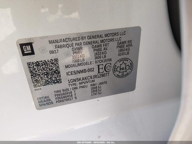 1GNSKAKC9JR128077 Chevrolet Tahoe Ls