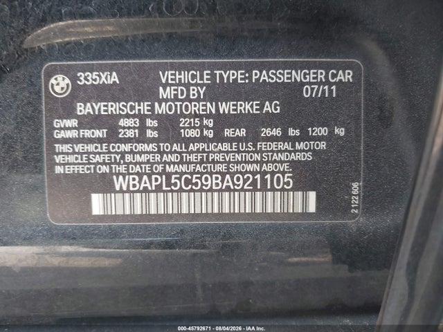 45792671 :رقم المزاد ، WBAPL5C59BA921105 vin ، 2011 Bmw 335i Xdrive مزاد بيع