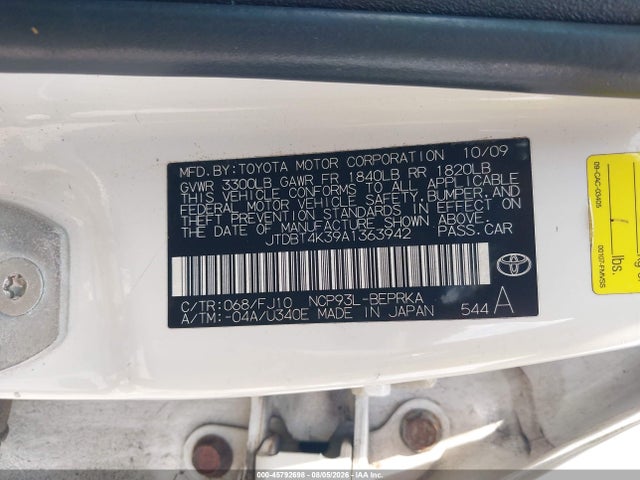 2010 Toyota Yaris მანქანა იყიდება აუქციონზე, vin: JTDBT4K39A1363942, აუქციონის ნომერი: 45792698