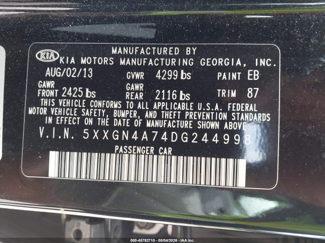 Продажа на аукционе авто 2013 Kia Optima Ex, vin: 5XXGN4A74DG244998, номер лота: 45792710