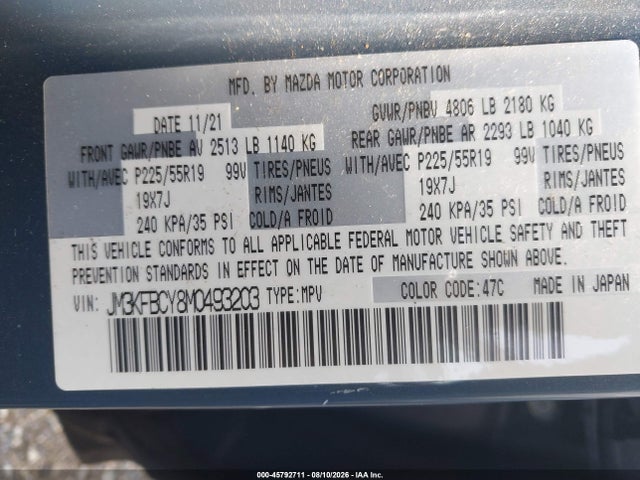 45792711 :رقم المزاد ، JM3KFBCY8M0493203 vin ، 2021 Mazda Cx-5 Carbon Edition Turbo مزاد بيع