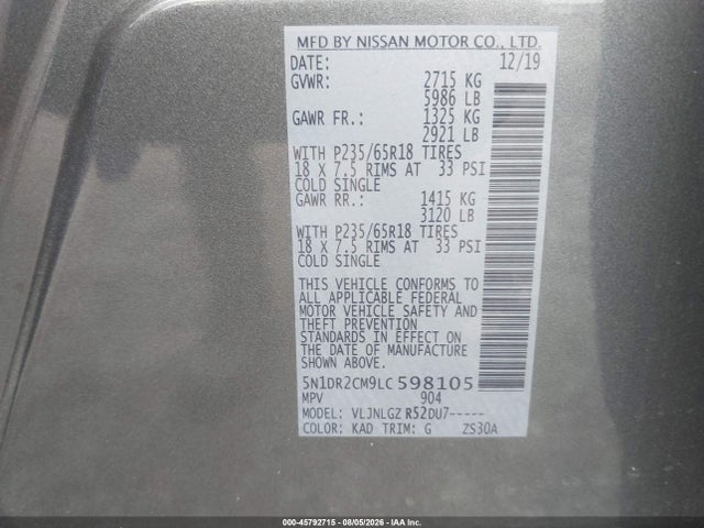 5N1DR2CM9LC598105 Nissan Pathfinder Sl 4wd