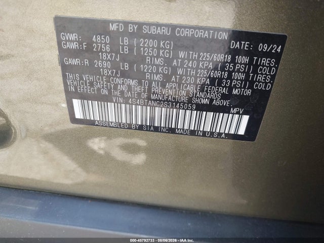 45792733 :رقم المزاد ، 4S4BTANC2S3145059 vin ، 2025 Subaru Outback Limited مزاد بيع