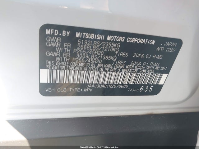 45792741 :رقم المزاد ، JA4J3UA81NZ076606 vin ، 2022 Mitsubishi Outlander Black Edition 2wd/se 2.5 2wd/se Launch Edition 2wd مزاد بيع