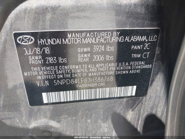 45792747 :رقم المزاد ، 5NPD84LF8JH386768 vin ، 2018 Hyundai Elantra Sel مزاد بيع