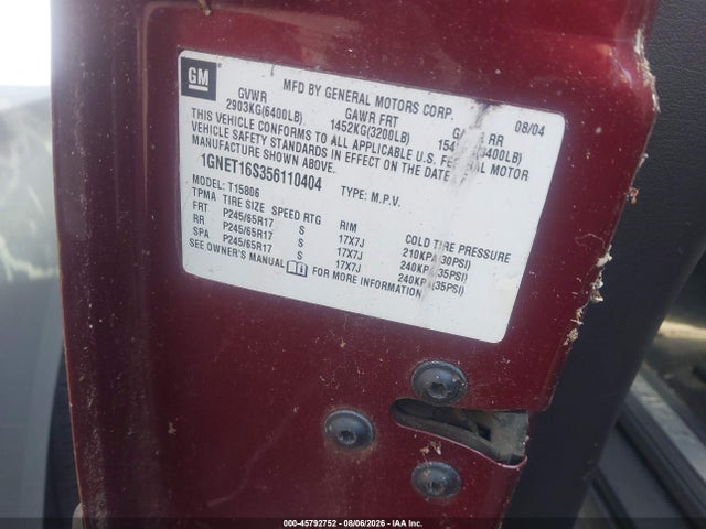 Auction sale of the 2005 Chevrolet Trailblazer Ext Ls, vin: 1GNET16S356110404, lot number: 45792752