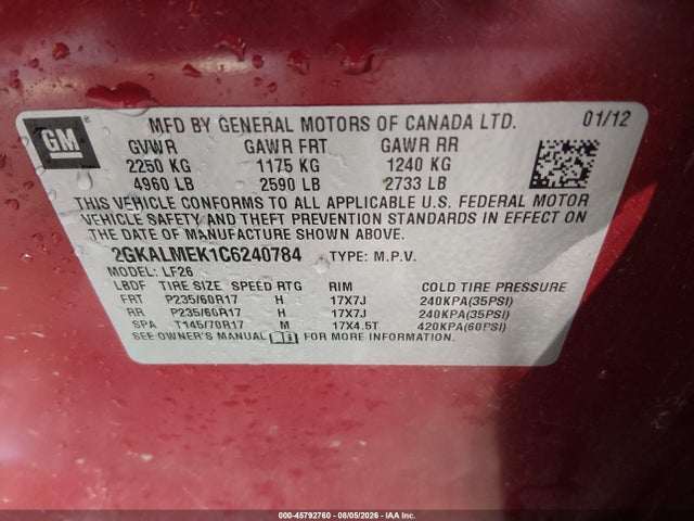 Продажа на аукционе авто 2012 Gmc Terrain Sle-1, vin: 2GKALMEK1C6240784, номер лота: 45792760