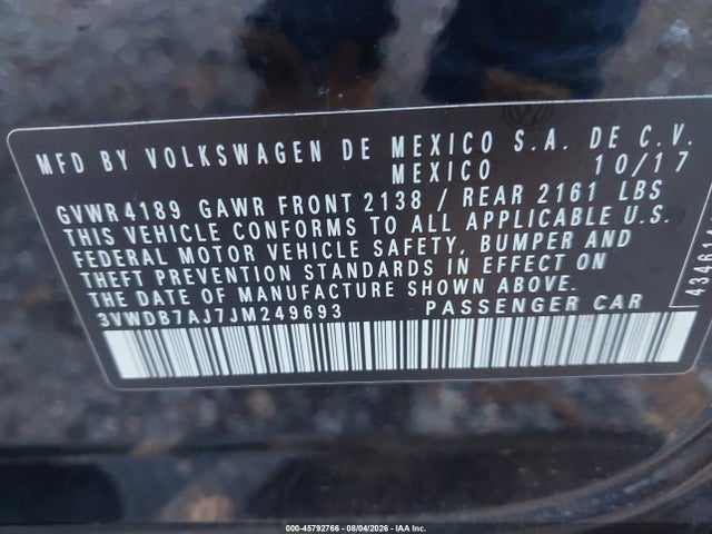 Aukcja sprzedaży 2018 Volkswagen Jetta 1.4t Se/1.4t Wolfsburg Edition, vin: 3VWDB7AJ7JM249693, numer aukcji: 45792766