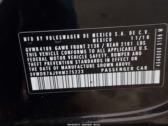 2017 Volkswagen Jetta 1.4t Se მანქანა იყიდება აუქციონზე, vin: 3VWDB7AJ9HM275223, აუქციონის ნომერი: 45792774
