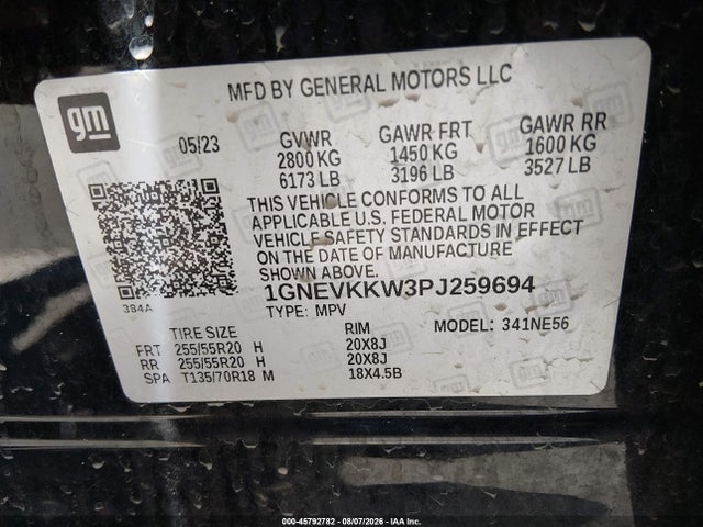 2023 Chevrolet Traverse Awd Premier მანქანა იყიდება აუქციონზე, vin: 1GNEVKKW3PJ259694, აუქციონის ნომერი: 45792782