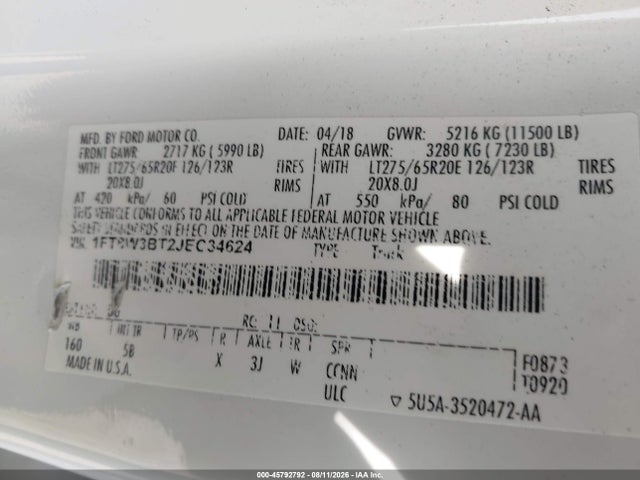 45792792 :رقم المزاد ، 1FT8W3BT2JEC34624 vin ، 2018 Ford F-350 Lariat مزاد بيع