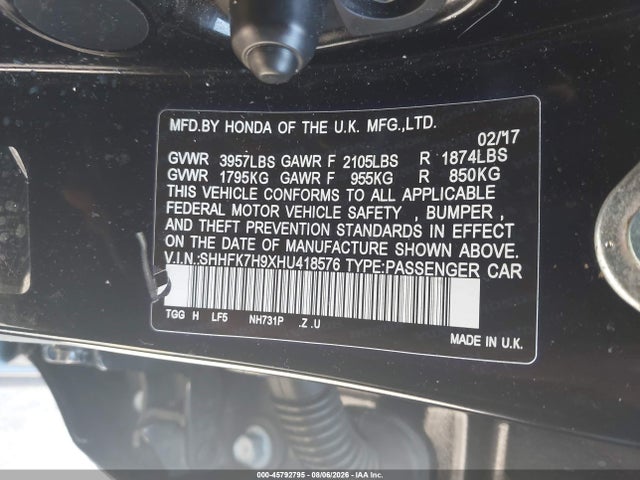 45792795 :رقم المزاد ، SHHFK7H9XHU418576 vin ، 2017 Honda Civic Sport Touring مزاد بيع