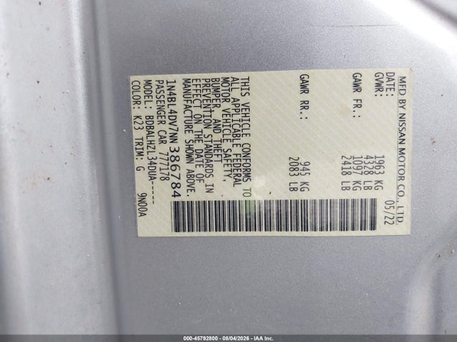 1N4BL4DV7NN386784 Nissan Altima Sv Fwd