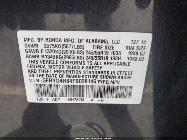 Aukcja sprzedaży 2015 Acura Mdx Advance Pkg W/entertainment Pkg, vin: 5FRYD4H84FB029146, numer aukcji: 45792807