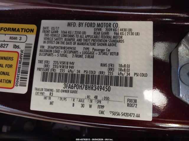 Aukcja sprzedaży 2017 Ford Fusion Se, vin: 3FA6P0H78HR349450, numer aukcji: 45792813