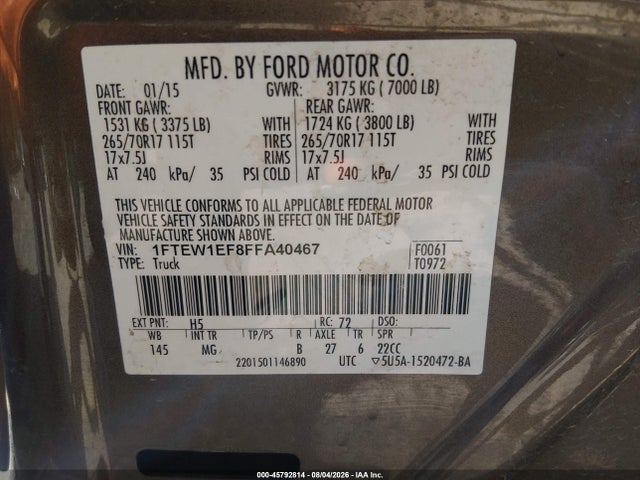 Продажа на аукционе авто 2015 Ford F-150 Xlt, vin: 1FTEW1EF8FFA40467, номер лота: 45792814