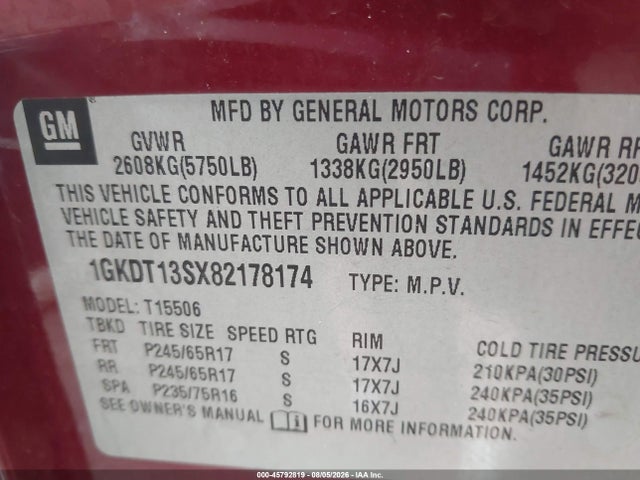 Aukcja sprzedaży 2008 Gmc Envoy Sle, vin: 1GKDT13SX82178174, numer aukcji: 45792819