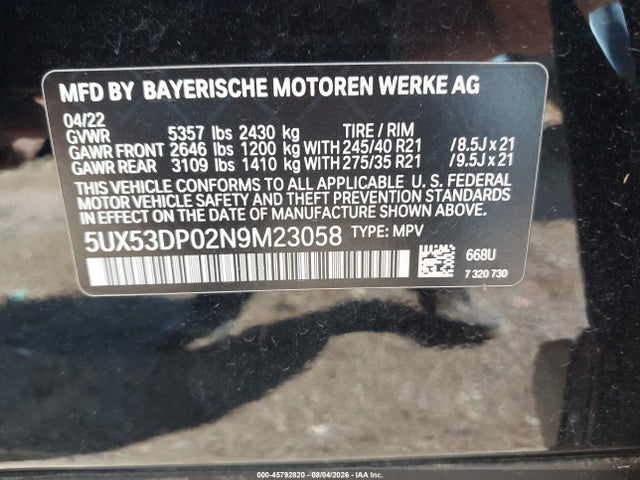 Продажа на аукционе авто 2022 Bmw X3 Xdrive30i, vin: 5UX53DP02N9M23058, номер лота: 45792820