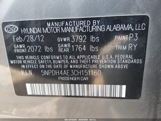 Aukcja sprzedaży 2012 Hyundai Elantra Limited, vin: 5NPDH4AE3CH151160, numer aukcji: 45792826