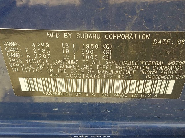 45792834 :رقم المزاد ، 4S3GTAA60H3754072 vin ، 2017 Subaru Impreza 2.0i مزاد بيع