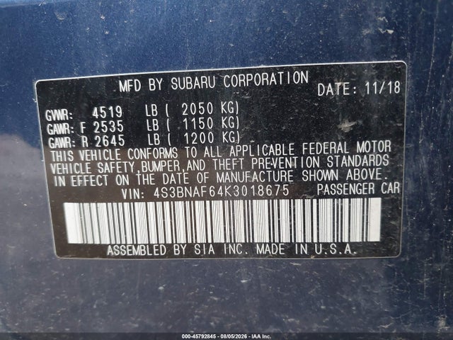 Продаж на аукціоні авто 2019 Subaru Legacy 2.5i Premium, vin: 4S3BNAF64K3018675, номер лоту: 45792845