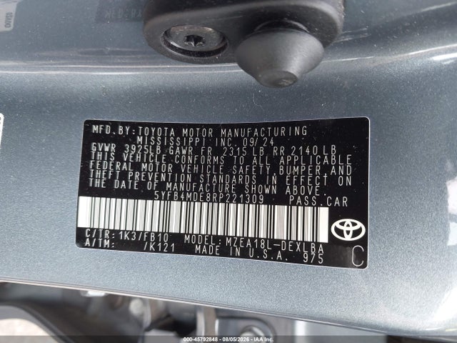 Продаж на аукціоні авто 2024 Toyota Corolla Le, vin: 5YFB4MDE8RP221309, номер лоту: 45792848