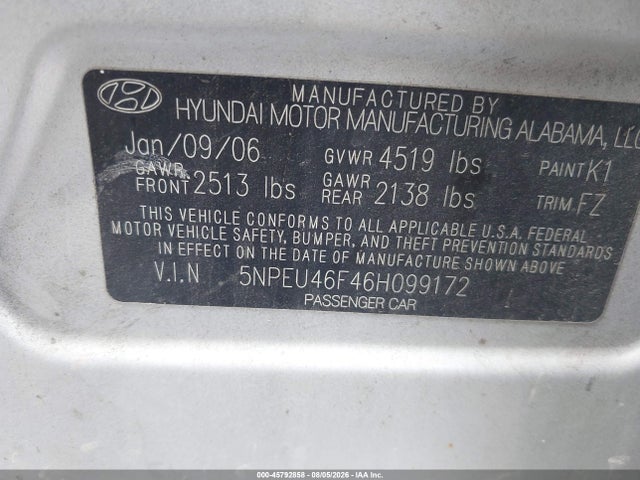 Aukcja sprzedaży 2006 Hyundai Sonata Gls V6/lx V6, vin: 5NPEU46F46H099172, numer aukcji: 45792858