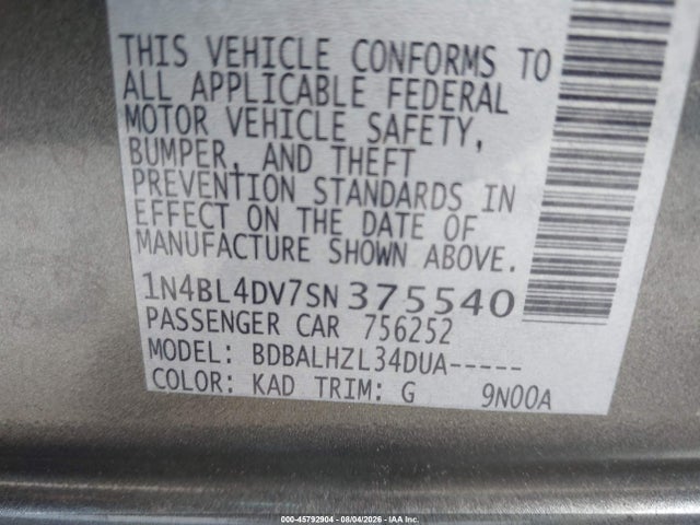 1N4BL4DV7SN375540 Nissan Altima Sv Fwd