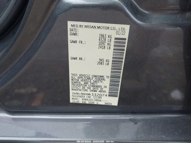 45792920 :رقم المزاد ، 1N4BL4BVXNN332074 vin ، 2022 Nissan Altima S Fwd مزاد بيع