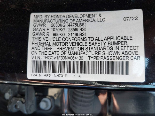 Aukcja sprzedaży 2022 Honda Accord Sport, vin: 1HGCV1F30NA064130, numer aukcji: 45792923