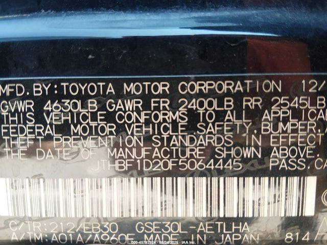Продаж на аукціоні авто 2015 Lexus Is 250, vin: JTHBF1D20F5064445, номер лоту: 45792924