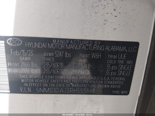 Aukcja sprzedaży 2023 Hyundai Santa Fe Se, vin: 5NMS1DAJ3PH553868, numer aukcji: 45792927
