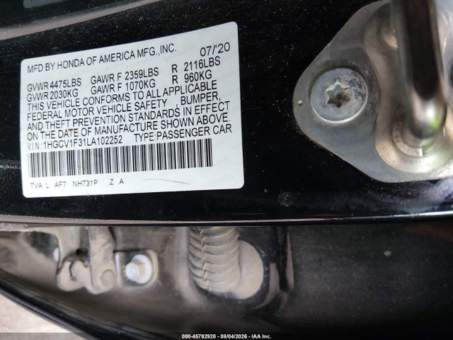 1HGCV1F31LA102252 Honda Accord Sport