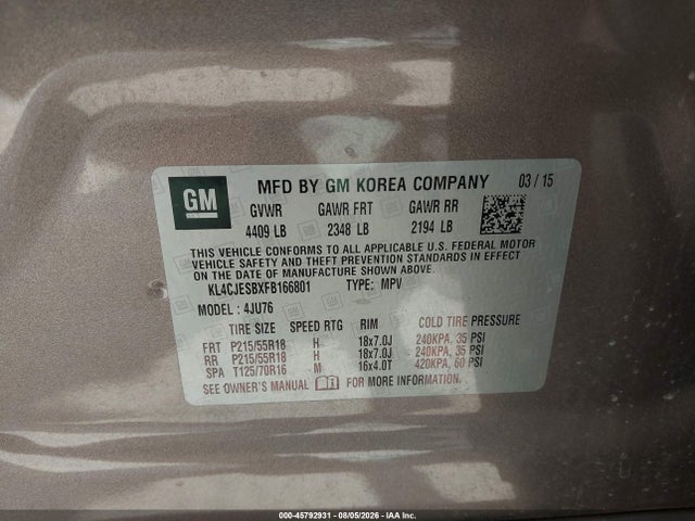 Продажа на аукционе авто 2015 Buick Encore, vin: KL4CJESBXFB166801, номер лота: 45792931
