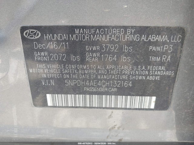 Aukcja sprzedaży 2012 Hyundai Elantra Gls, vin: 5NPDH4AE4CH132164, numer aukcji: 45792932