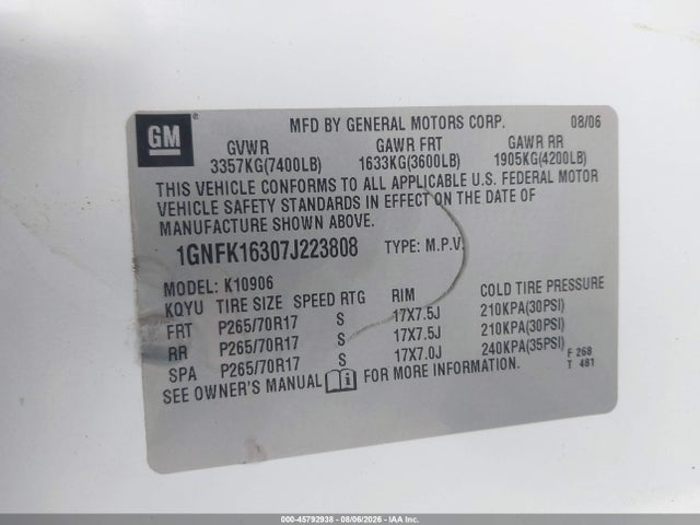 Продаж на аукціоні авто 2007 Chevrolet Suburban Lt, vin: 1GNFK16307J223808, номер лоту: 45792938