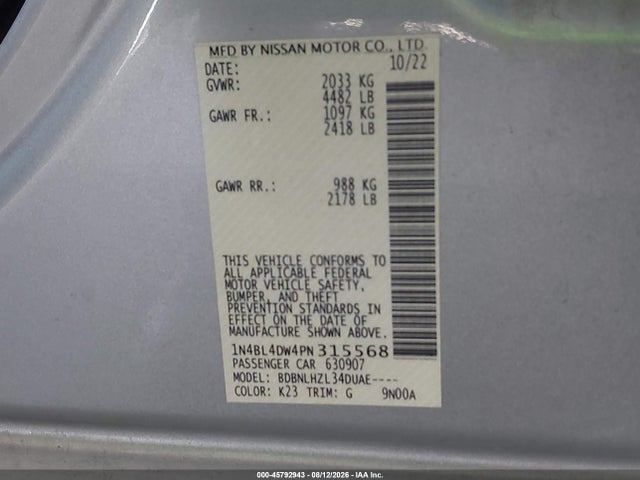 1N4BL4DW4PN315568 Nissan Altima Sv Intelligent Awd