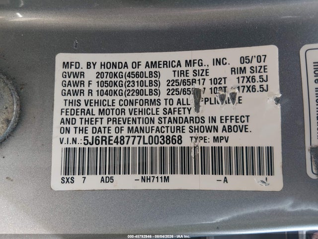 45792946 :رقم المزاد ، 5J6RE48777L003868 vin ، 2007 Honda Cr-v Ex-l مزاد بيع