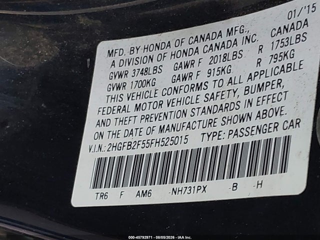 45792971 :رقم المزاد ، 2HGFB2F55FH525015 vin ، 2015 Honda Civic Lx مزاد بيع