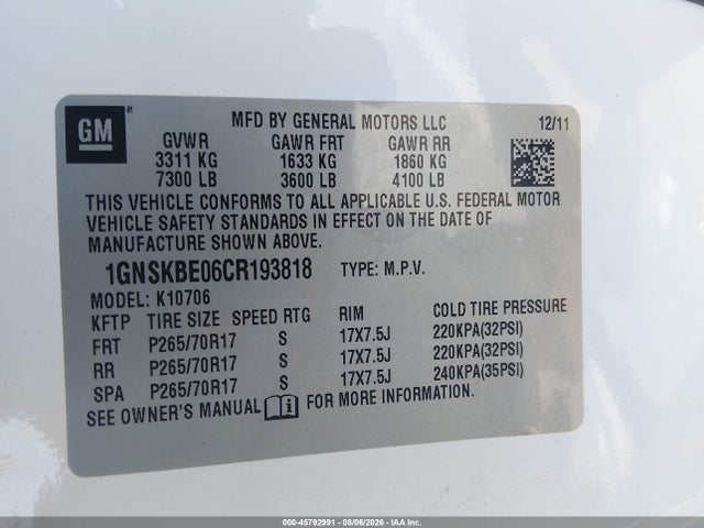 2012 Chevrolet Tahoe Lt მანქანა იყიდება აუქციონზე, vin: 1GNSKBE06CR193818, აუქციონის ნომერი: 45792991