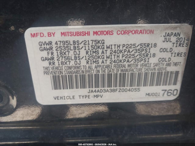 2015 Mitsubishi Outlander Se მანქანა იყიდება აუქციონზე, vin: JA4AD3A38FZ004055, აუქციონის ნომერი: 45792993