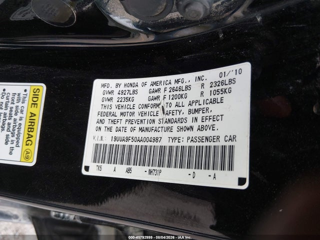 2010 Acura Tl 3.7 მანქანა იყიდება აუქციონზე, vin: 19UUA9F50AA004987, აუქციონის ნომერი: 45792999