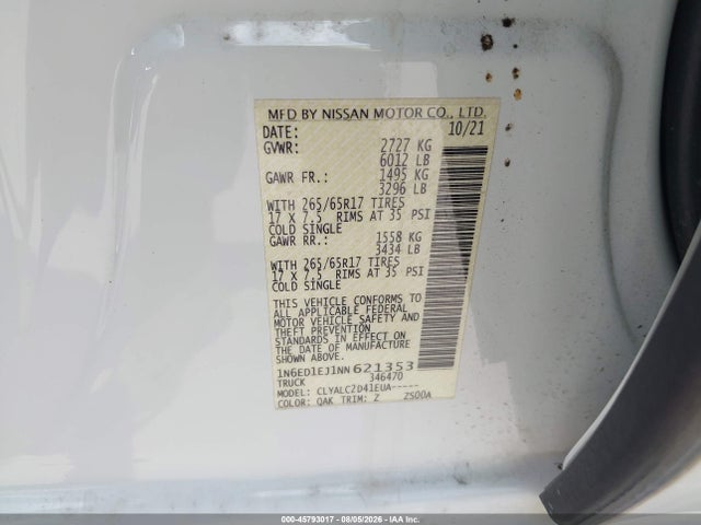 2022 Nissan Frontier Sv 4x2 მანქანა იყიდება აუქციონზე, vin: 1N6ED1EJ1NN621353, აუქციონის ნომერი: 45793017